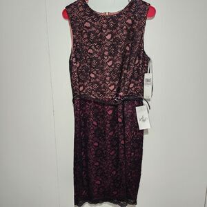 Maggy London Black Lace Sheath Dress Pink Lined Sleeveless Belted NWT 12